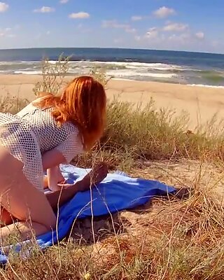 INTERRUPTED SEX on PUBLIC BEACH : Risky Outdoor Creampie Hairy Ginger Pussy