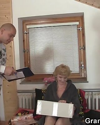 Delivery guys share small titted old lady